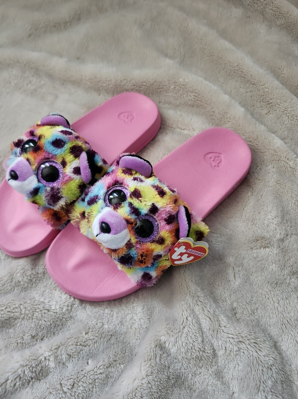 Ty Pink Plush Multicolor Leopard Slide Sandals for Kids